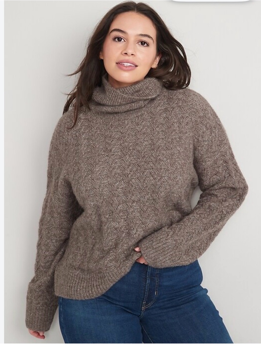 Old Navy Taupe Fuzzy Cable Turtleneck Sweater